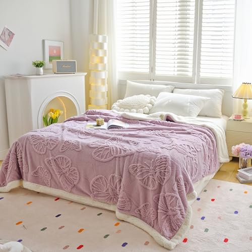 UKELER 80x90 Inch Sherpa Blanket Butterfly Coral Fleece Throw, Ultra Soft Plush Purple