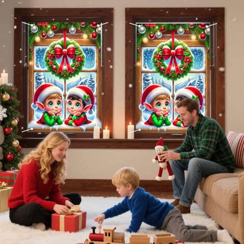 Nuxovilar Christmas Window Cover Holiday Banner 31x47in Elf Scene, Variation: CU01098