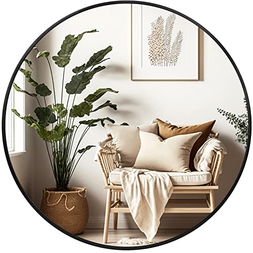 20-Inch Round Wall Mirror, Matte Black Metal Framed Circle Bathroom Mirror
