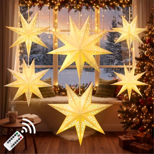 Christmas Paper Star Lanterns Set of 6 - 7 & 9 Pointed Stars with LED Strings - 3 Sizes