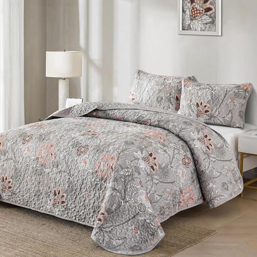 Grey Floral Quilt Set Queen Size - Soft Microfiber Bedding 3-Piece