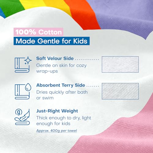 Kids Hooded Beach Towel - 100% Soft Cotton Bath Wrap with Snaps (50" x 30")