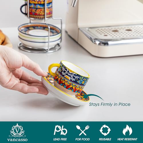 Vancasso Boho 2.5 Oz Espresso Cups Set of 4 with Stand - Colorful Mediterranean Design