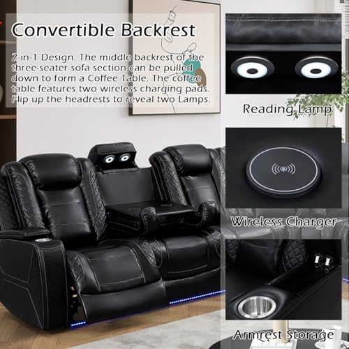 Power Recliner Sectional Sofa with LED Lights, Cup Holders & Storage