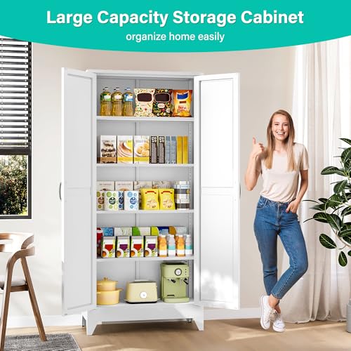 75" Tall Kitchen Pantry Cabinet - White Metal Farmhouse Storage Cupboard