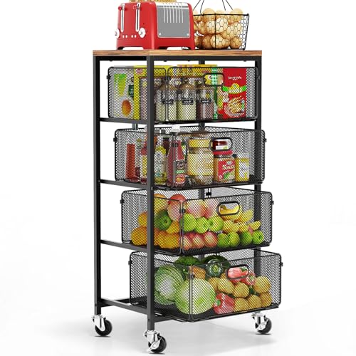 Goovilla Kitchen Cart with Drawers, Lockable Wheels Wooden Top, Black
