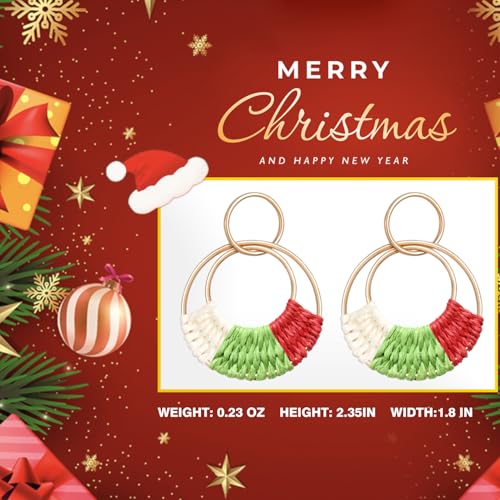 Sel fwimg Raffia Hoop Earrings Round Christmas Edition – Lightweight Boho Straw Dangle