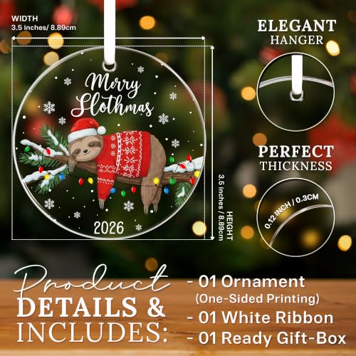 HEXMOZ Sloth Christmas Ornament 2026 – Acrylic Sloth Ornament, 3.5" with Giftable Packaging (Variation: Sloth 2)