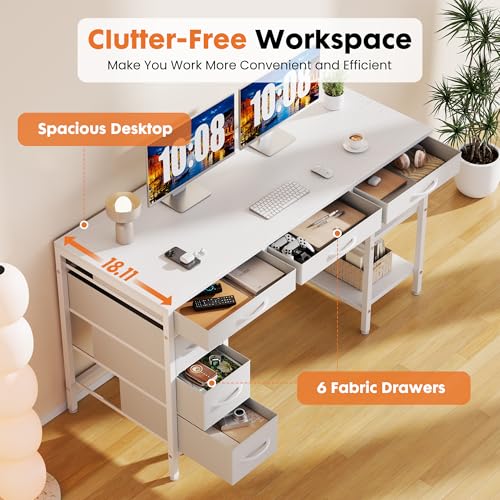 47-Inch Computer Desk with 6 Fabric Drawers & Storage Shelves - White