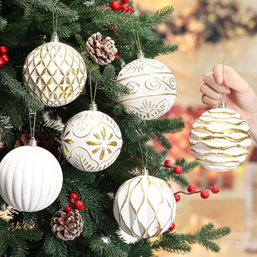 Soulchen White Gold Christmas Ornaments 4-inch Shatterproof Holiday Decor Set of 6