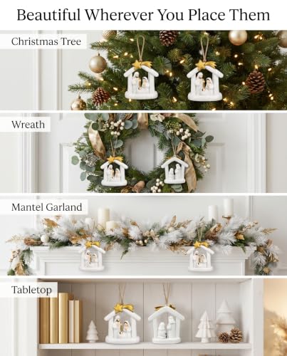 GoGnome Nativity Ornaments 2-Pack – White Arch Stable Holy Family with Gold Star