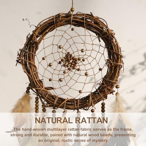Boho Rattan Dream Catcher Wall Decor with Feathers and Wood Beads