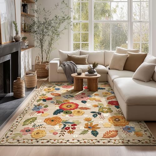 5x7 Washable Area Rug, Vintage Floral Non-Slip Faux Wool Rug for Living Room
