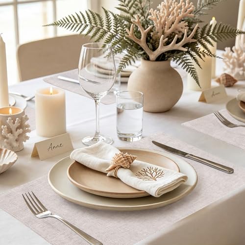 Faux Cotton Linen Placemats Set of 6, Washable Farmhouse Dining Table Mats