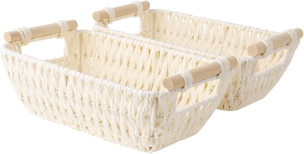 StorageWorks Round Woven Paper Rope Basket - Wooden Handles, Beige | Small 2-Pack for Gifts & Organization