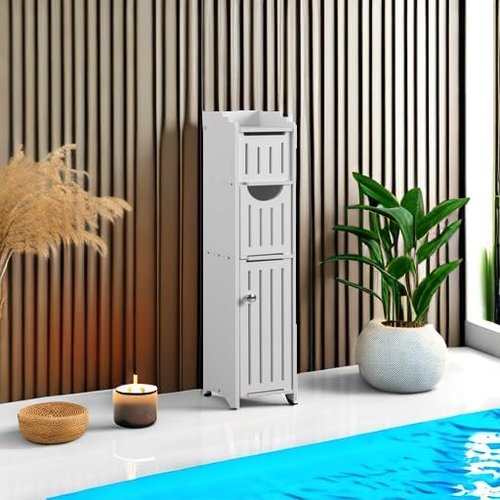 AOJEZOR Bathroom Storage Cabinet - Compact Design with Toilet Paper Holder for Mega Roll | White Finish
