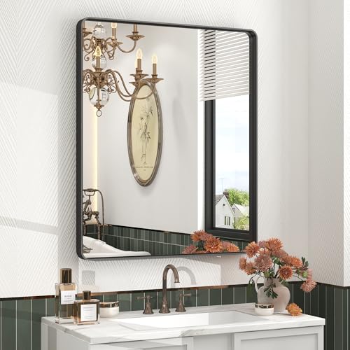 28x32 Inch Black Metal Framed Wall Mirror, Shatterproof Bathroom Mirror