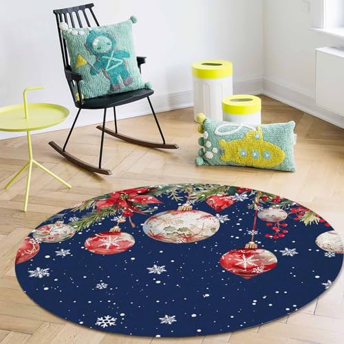 LooPoP 6ft Navy Blue Christmas Round Area Rug Poinsettia Snowflake Home Decor