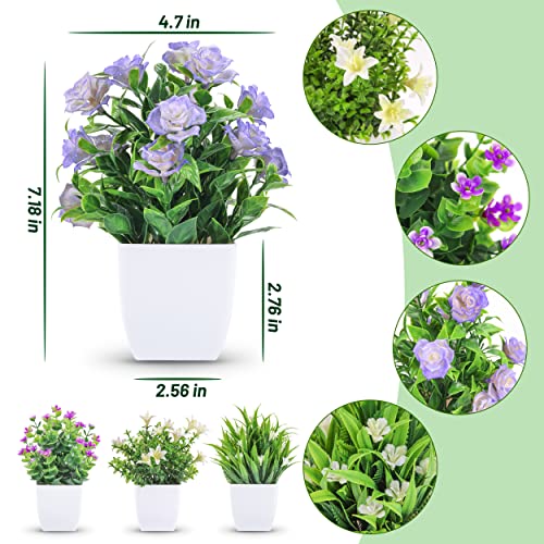 4 Pack Small Artificial Potted Plants with Flowers for Home Decor