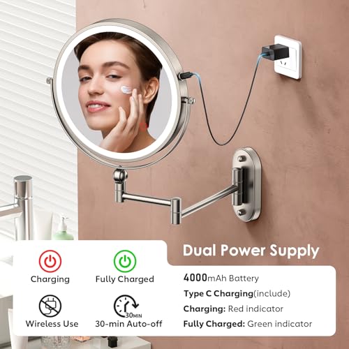 ZLOKLA 9-Inch Rechargeable Wall-Mounted Lighted Makeup Mirror with 30X Magnification - Nickel Finish, 4000mAh Battery, Dimmable LED Lights, Extended Arm, 360° Rotation - Model 4000mah-9inch-30x-nickel