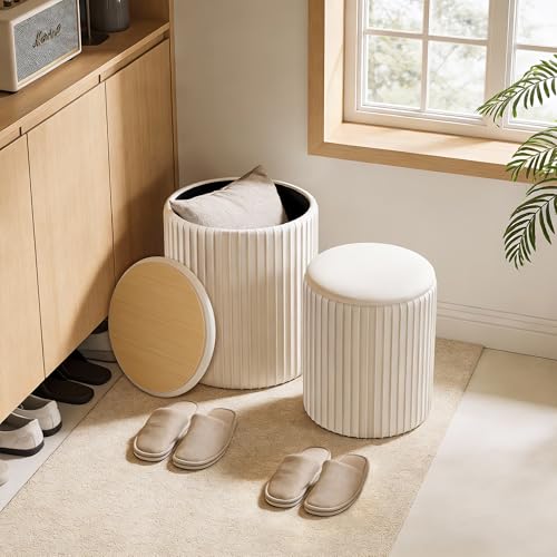 2-Piece Round Velvet Storage Ottoman Set with Reversible Table Lids