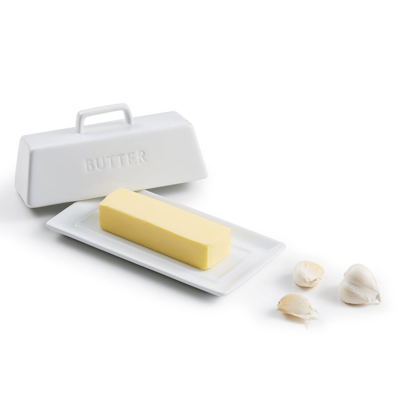 Kook Ceramic Butter Dish with Lid, Kitchen Countertop Butter Keeper, Serving Tray with Cover, Storage Container, Holds 1 Stick, Microwave and Dishwasher Safe, White