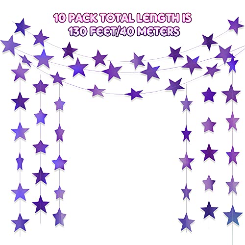 Holographic Purple Star Garland Banner - 130 ft Party Backdrop Decor