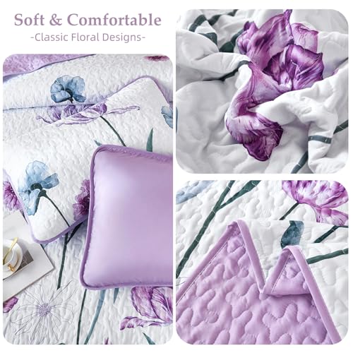 Purple Floral Queen Quilt Set, 3-Piece Reversible Coverlet Set