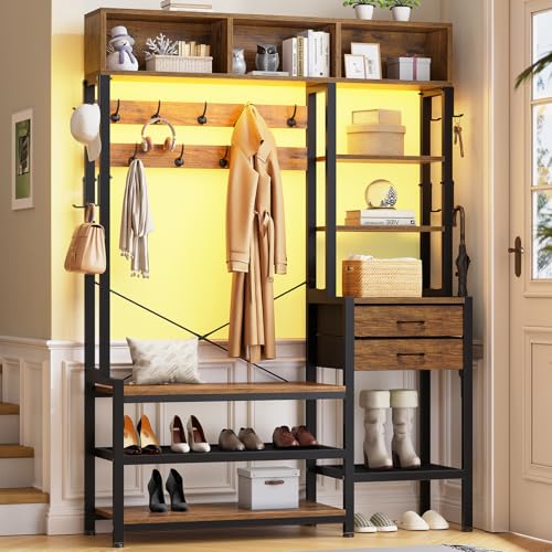 7-in-1 Hall Tree with Bench, Shoe Storage, Coat Rack, and RGB LED Lights