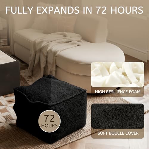 Square Boucle Pouf Ottoman, Soft Foam-Filled Footrest for Living Room
