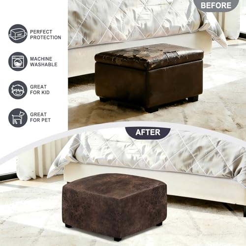 Leather Ottoman Cover - Stretch Slipcover for Square & Rectangular Ottomans, Medium Size with Non-Slip Bottom