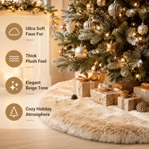 AOGU 48 Inch Beige Faux Fur Christmas Tree Skirt Plush Holiday Decoration
