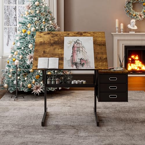 Adjustable Drafting Table with Stool - Tilting Art Desk with 3 Drawers