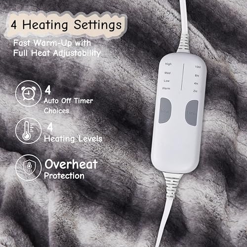 Electric Heated Throw Blanket 50"x60" - Grey White Striped Plush