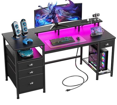 60-Inch Computer Desk with LED Lights, USB Charging Station, and 4 Drawers