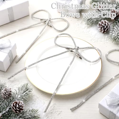 Suncalla 6 Pack 9x12 Inch Silver Glitter Rhinestone Christmas Bow Ornaments