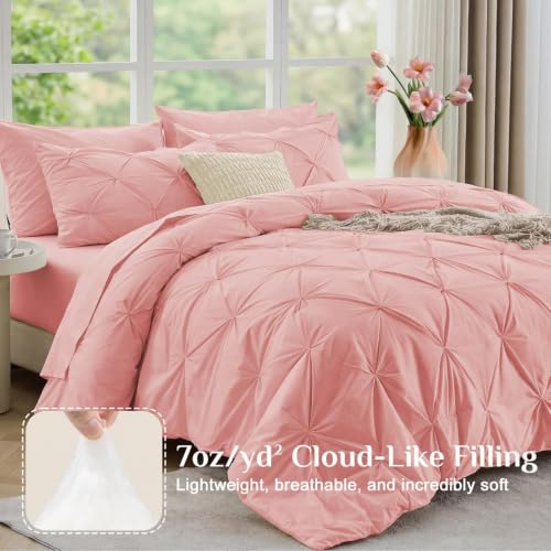 Queen Pintuck Comforter Set - 7-Piece All-Season Bed in a Bag, Pink
