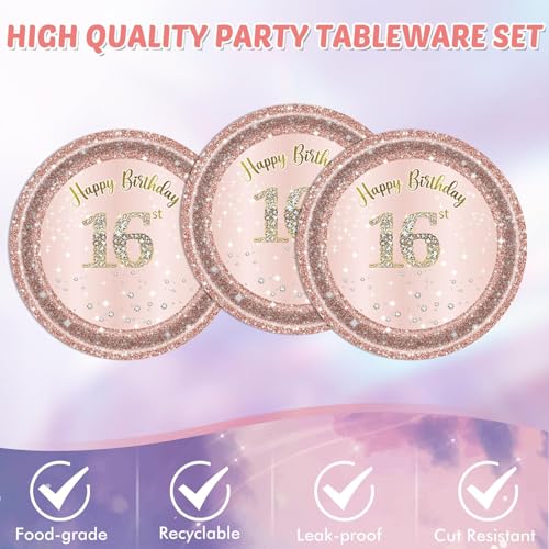 Sweet 16 Birthday Party Decorations Set, Rose Gold Plates and Napkins Kit