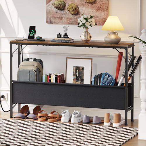 47.2" Narrow Console Table with Power Outlets and Storage Basket