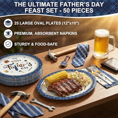 Father's Day Paper Plates and Napkins Set - Blue Plaid Theme, 50 pcs