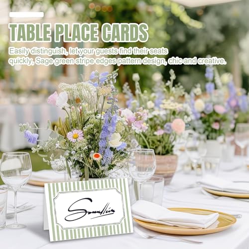 100 Pcs Sage Green Striped Tented Place Cards for Wedding Table Settings