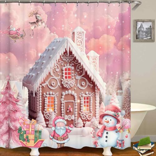 OLEBETY 4PCS Pink Christmas Shower Curtain Set with Rugs - Gingerbread House, Xmas Tree, Santa, Snowman, Kids Bathroom Decor, 72"x72"