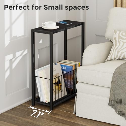 Homleke Narrow Black Side Table with Magazine Holder - Rustic End Table