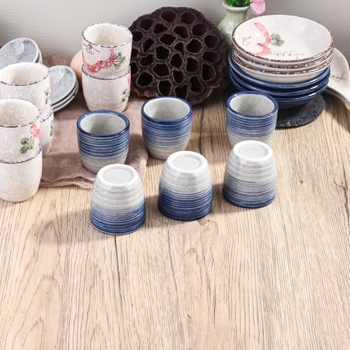 Japanese Porcelain Sake Cup Set of 4 - Blue & White Striped Tasting Cups, Traditional Ceramic Drinkware