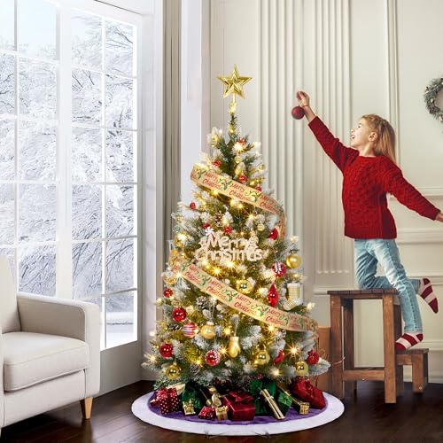 GarveeHome 4.5ft Pre-Lit Christmas Tree with Pine Cones, 150 LEDs, 352 Tips - Green (4ft 6in) Hinged Stand