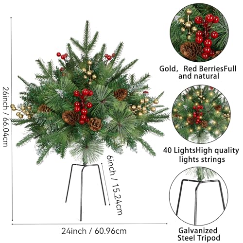 Careforge 2-Pack 24in Pre-Lit Outdoor Pine Urn Filler with 100 LED Warm White Lights (Green)