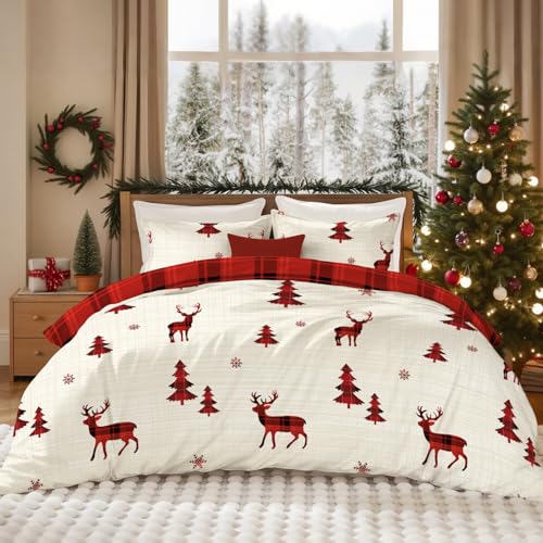 Nayoroom Red Reindeer Christmas Duvet Cover King Size Reversible Holiday Bedding Set - 3 Pieces