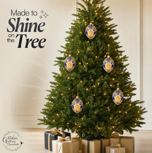 Polish Handmade Faberge Egg Christmas Ornaments Balls Sapphire Matte 5in