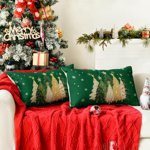 AVOIN Colorlife Christmas Tree Throw Pillow Covers 20 x 12 in, Set of 2, Green Snowflake