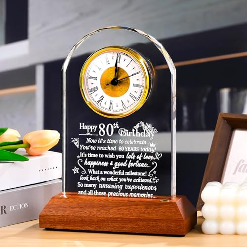80th Birthday Glass Desk Clock with LED Wooden Light Base